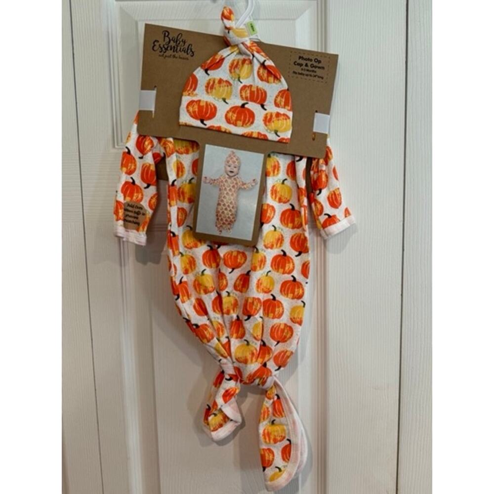 New Baby Essentials Halloween Pumpkin Fall Thanksgiving Gown & Cap Baby